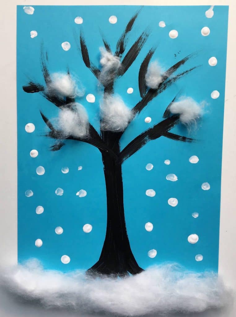 Winterbild malen: Wir malen und kleben einen Winterbaum